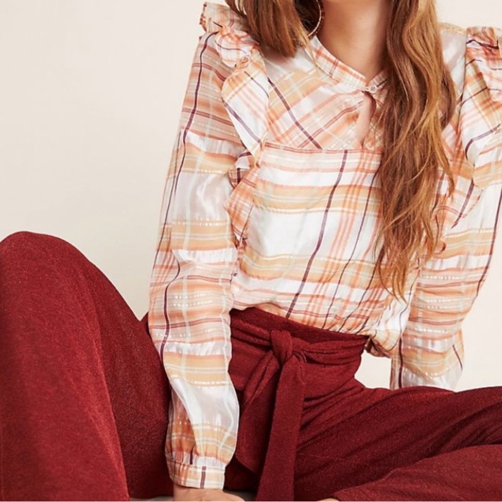 Anthropologie Plaid Ruffle Blouse - Orange and White